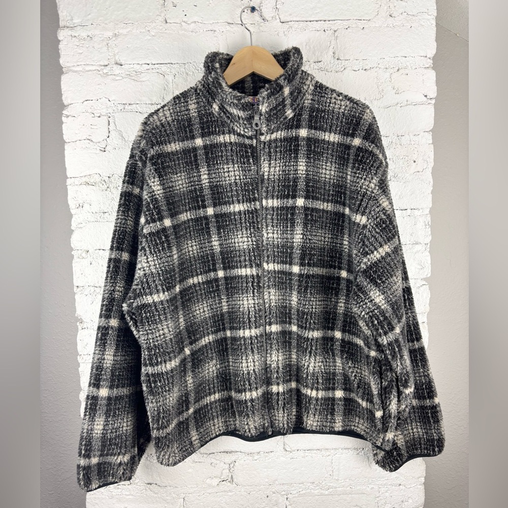 Vintage Backpack Fleece Plaid Zip Jacket L